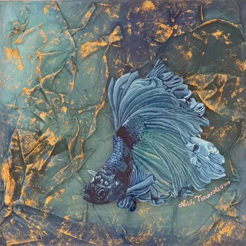 NEBİLE TORUNOĞLU — “İsimsiz”, 2019 "İsimsiz" eseri NEBİLE TORUNOĞLU tarafından 2019 yılında 25x25 cm ölçülerinde Tuval üzeri yağlı boya + epoksi tekniği ile yapılmıştır.