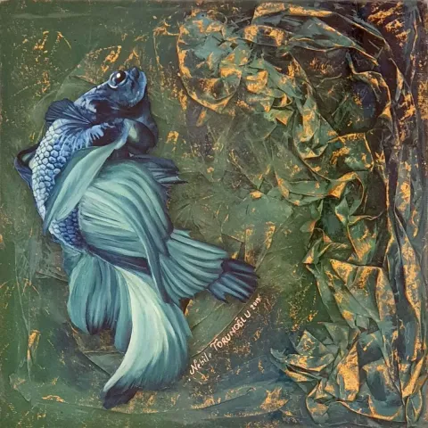 NEBİLE TORUNOĞLU — “İsimsiz”, 2019 "İsimsiz" eseri NEBİLE TORUNOĞLU tarafından 2019 yılında 25x25 cm ölçülerinde Tuval üzeri yağlı boya + epoksi tekniği ile yapılmıştır.