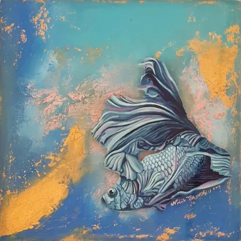 NEBİLE TORUNOĞLU — “İsimsiz”, 2019 "İsimsiz" eseri NEBİLE TORUNOĞLU tarafından 2019 yılında 25x25 cm ölçülerinde Tuval üzeri yağlı boya + epoksi tekniği ile yapılmıştır.