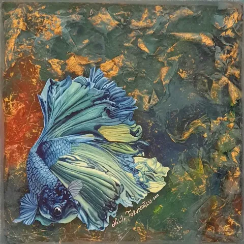 NEBİLE TORUNOĞLU — “İsimsiz”, 2019 "İsimsiz" eseri NEBİLE TORUNOĞLU tarafından 2019 yılında 25x25 cm ölçülerinde Tuval üzeri yağlı boya + epoksi tekniği ile yapılmıştır.