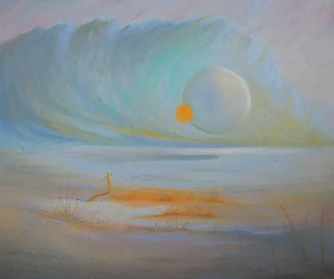 "Yeni Evren Üçlemesi-1" eseri YUSUF ŞENGÜR tarafından 2019 yılında 50x60 cm ölçülerinde Tuval üzeri yağlı boya tekniği ile yapılmıştır.