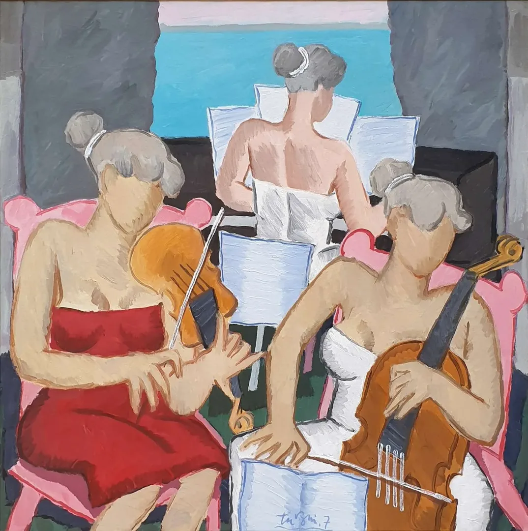 yakınlaştır "Trio" eseri ADNAN TURANİ tarafından 2007 yılında 90x90 cm ölçülerinde Tuval üzeri yağlı boya tekniği ile yapılmıştır.