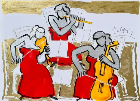 "Trio" eseri ADNAN TURANİ tarafından 2007 yılında 50x70 cm ölçülerinde Kağıt üzeri karışık teknik tekniği ile yapılmıştır.