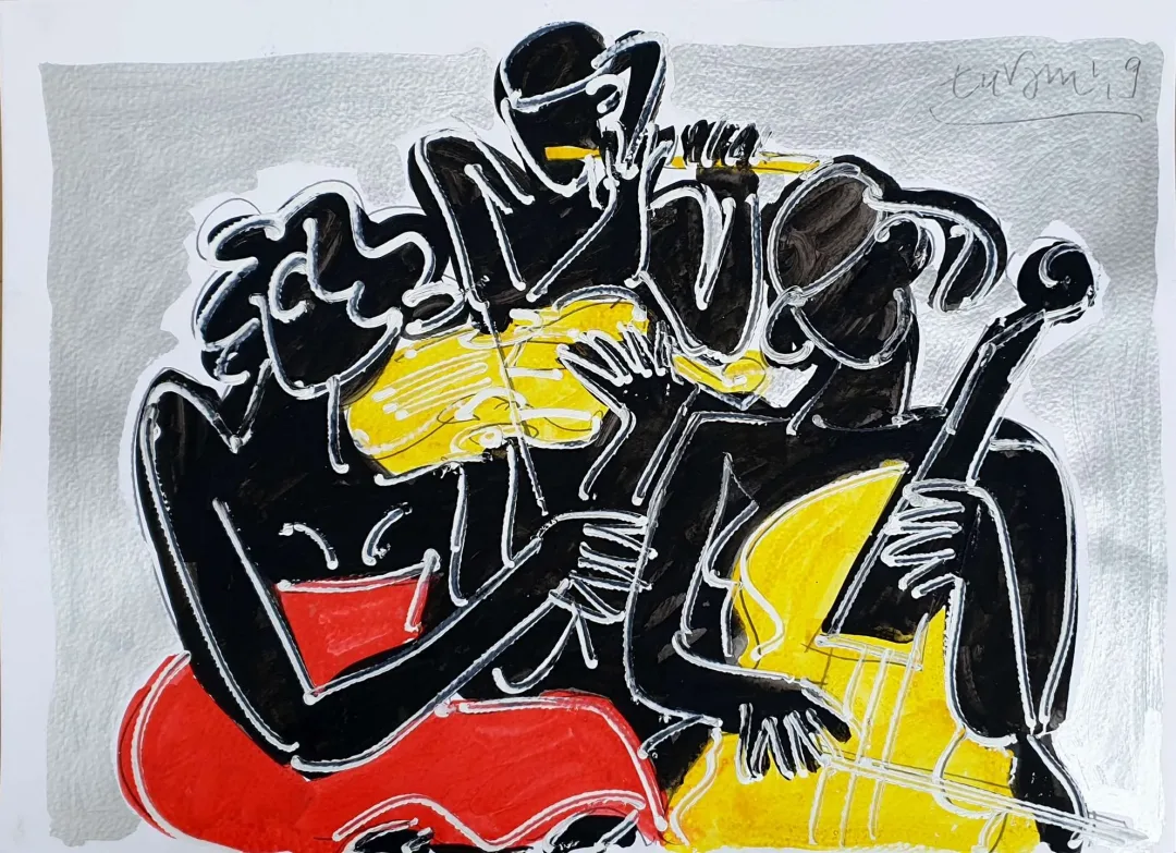 yakınlaştır "Müzisyenler" eseri ADNAN TURANİ tarafından 2009 yılında 50x70 cm ölçülerinde Kağıt üzeri yağlı boya tekniği ile yapılmıştır.
