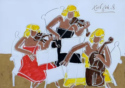 "Müzisyenler" eseri ADNAN TURANİ tarafından 2008 yılında 50x70 cm ölçülerinde Kağıt üzeri yağlı boya tekniği ile yapılmıştır.