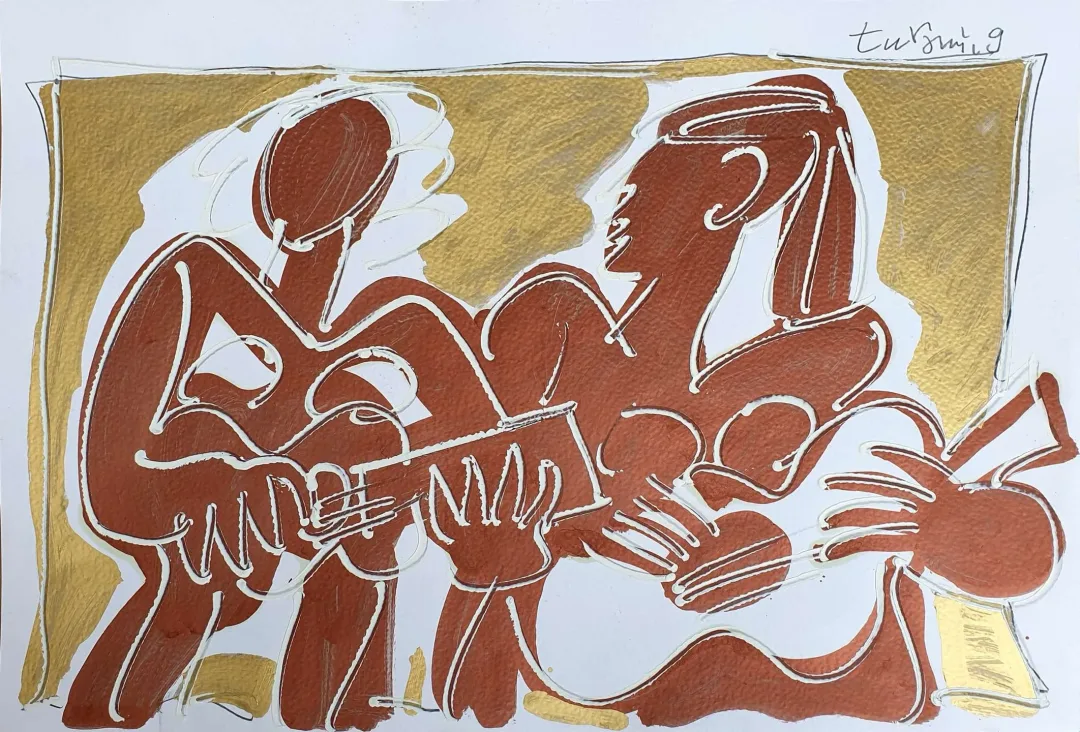 "Müzisyenler" eseri ADNAN TURANİ tarafından 2009 yılında 50x70 cm ölçülerinde Kağıt üzeri yağlı boya tekniği ile yapılmıştır.