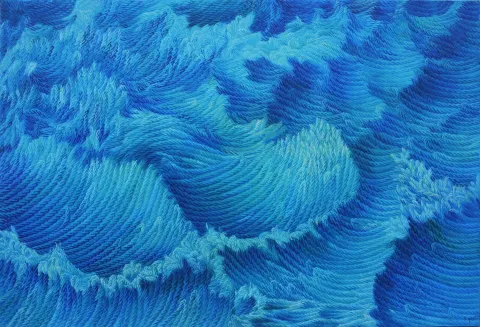 "Mavi dalga" eseri AHMET YEŞİL tarafından 2020 yılında 80x120 cm ölçülerinde Tuval üzeri yağlı boya tekniği ile yapılmıştır.