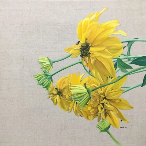 "Sarı çiçekler" eseri SAMİ GEDİK tarafından 2019 yılında 30x30 cm ölçülerinde Keten tuval üzeri yağlı boya tekniği ile yapılmıştır.