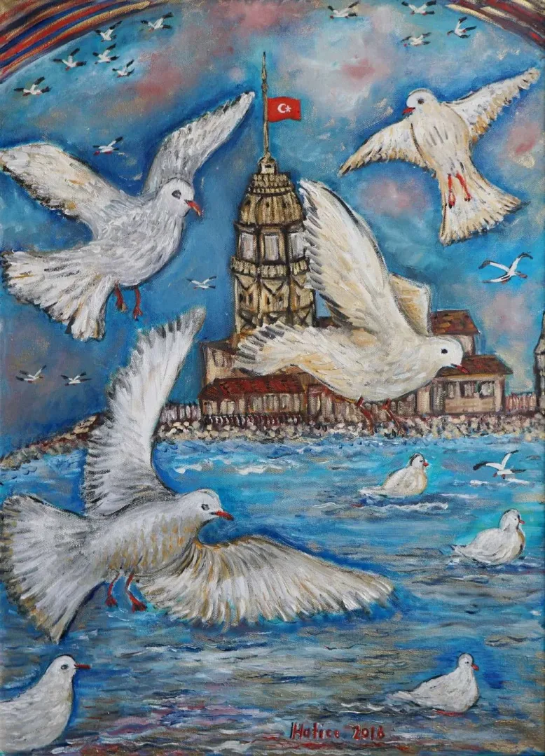 yakınlaştır "Mutluluk Kuşun Kanadında" eseri HATİCE KUMBARACI GÜRSÖZ tarafından 2016 yılında 70x50 cm ölçülerinde Tuval üzeri yağlı boya tekniği ile yapılmıştır.