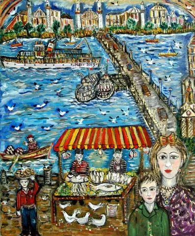 "Galata Köprüsü" eseri HATİCE KUMBARACI GÜRSÖZ tarafından 2009 yılında 70x50 cm ölçülerinde Tuval üzeri yağlı boya tekniği ile yapılmıştır.