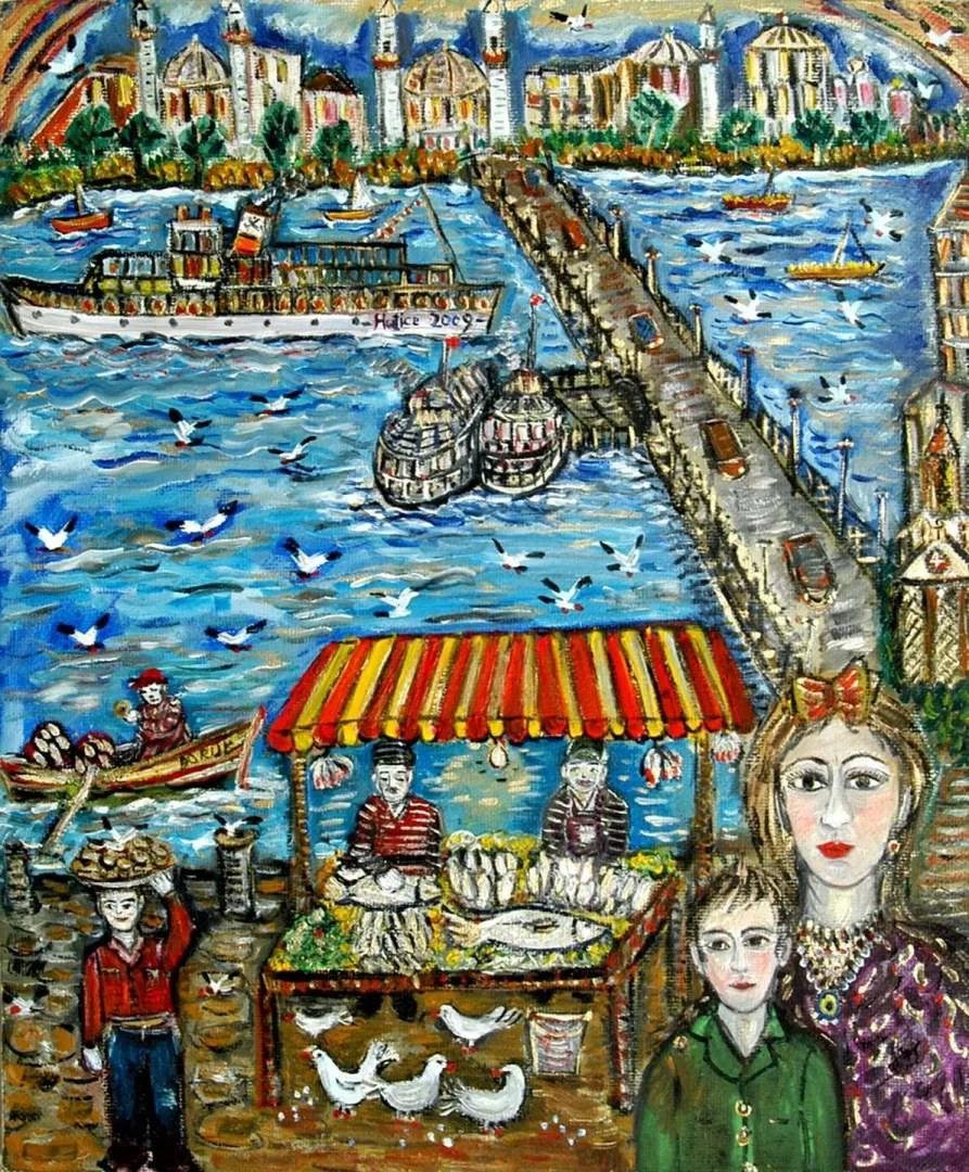 yakınlaştır "Galata Köprüsü" eseri HATİCE KUMBARACI GÜRSÖZ tarafından 2009 yılında 70x50 cm ölçülerinde Tuval üzeri yağlı boya tekniği ile yapılmıştır.