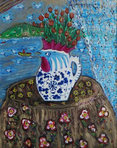 "Nar Çiçekleri" eseri HATİCE KUMBARACI GÜRSÖZ tarafından 2018 yılında 50x40 cm ölçülerinde Tuval üzeri yağlı boya tekniği ile yapılmıştır.