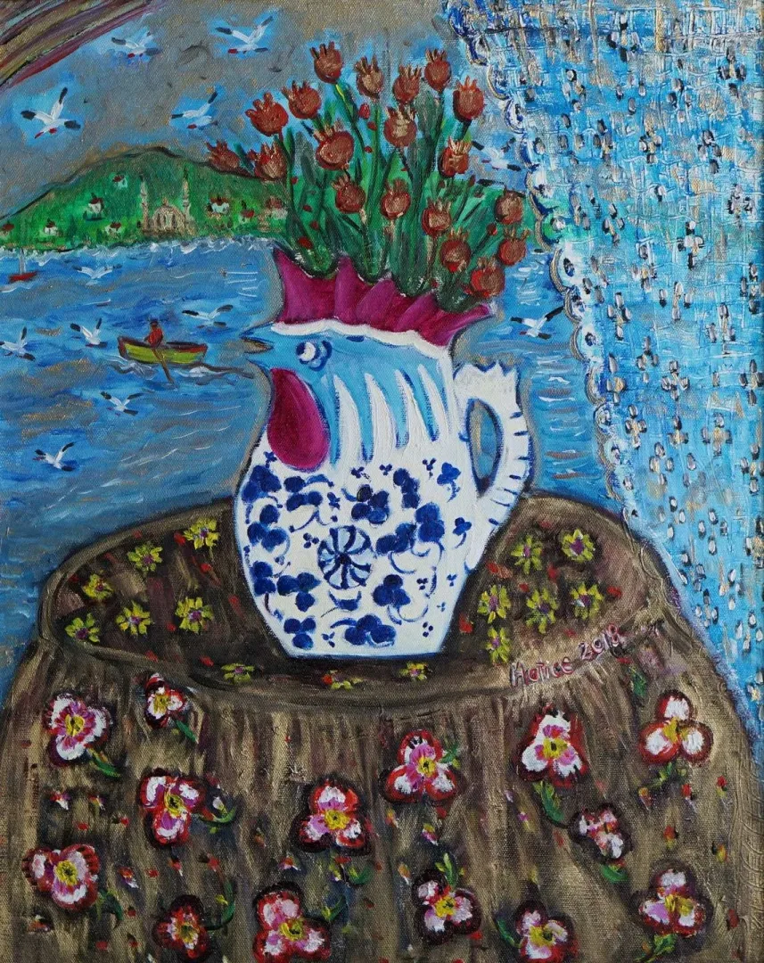yakınlaştır "Nar Çiçekleri" eseri HATİCE KUMBARACI GÜRSÖZ tarafından 2018 yılında 50x40 cm ölçülerinde Tuval üzeri yağlı boya tekniği ile yapılmıştır.