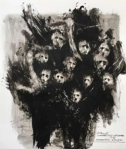 CELAL BİNZET — “Kalabalıkta”, 2020 "Kalabalıkta" eseri CELAL BİNZET tarafından 2020 yılında 40x34 cm ölçülerinde Kağıt üzeri akrilik boya tekniği ile yapılmıştır.