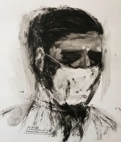 CELAL BİNZET — “Maskeli”, 2020 "Maskeli" eseri CELAL BİNZET tarafından 2020 yılında 40x34 cm ölçülerinde Kağıt üzeri akrilik boya tekniği ile yapılmıştır.