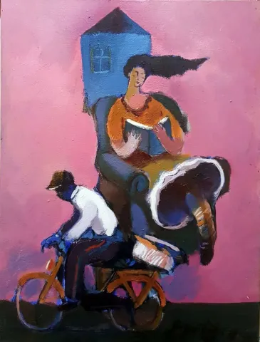 BARAN KAMİLOĞLU — “Bisikletli Çift”, 2019 "Bisikletli Çift" eseri BARAN KAMİLOĞLU tarafından 2019 yılında 40x30 cm ölçülerinde Tuval üzeri yağlı boya tekniği ile yapılmıştır.