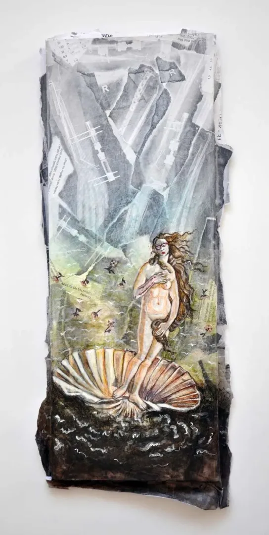 yakınlaştır "Kırık Venüs" eseri DENİZ ONUR ERMAN tarafından 2020 yılında 57x23 cm ölçülerinde Ahşap panel üzeri kolaj ve karışık boyar malzeme tekniği ile yapılmıştır.