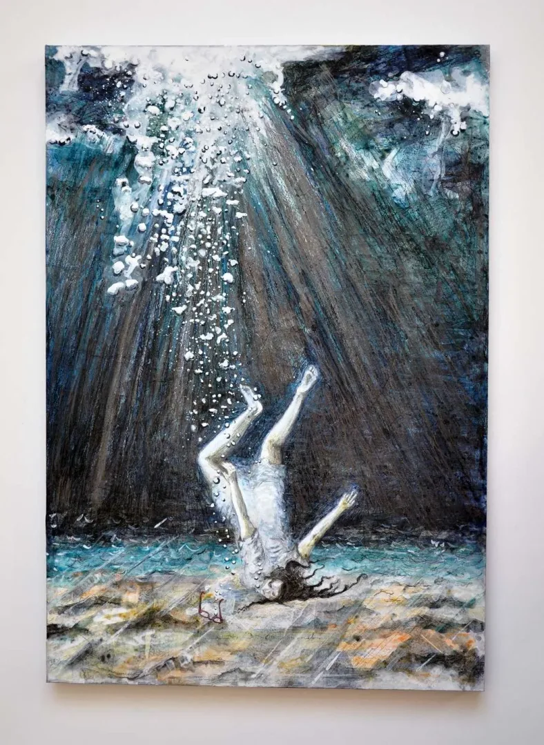 yakınlaştır "Dibe Vurduysan.." eseri DENİZ ONUR ERMAN tarafından 2020 yılında 50x70 cm ölçülerinde Ahşap panel üzeri kolaj ve karışık boyar malzeme tekniği ile yapılmıştır.