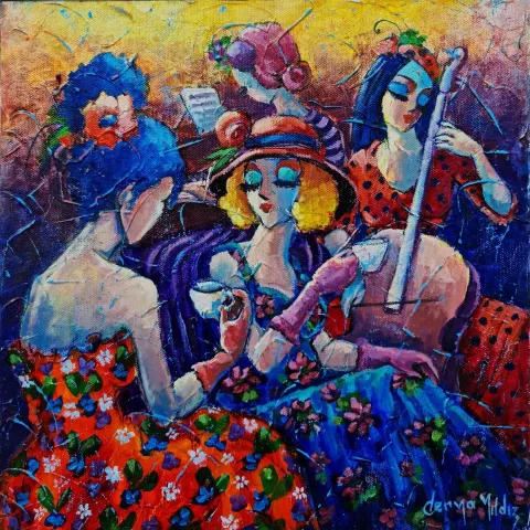 "Artemis ve Turnalar - Artemis and Cranes" eseri DERYA YILDIZ tarafından 2020 yılında 30x30 cm ölçülerinde Tuval üzeri yağlı boya tekniği ile yapılmıştır.