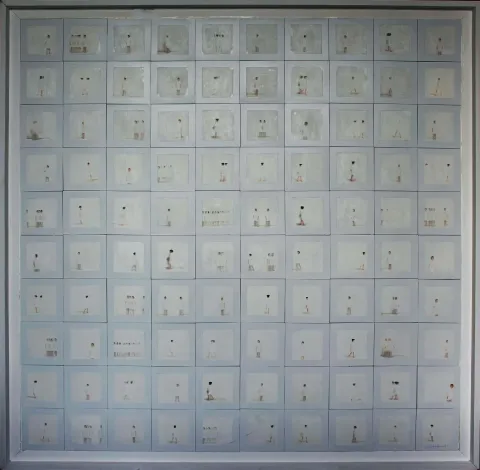 DUYGU AYDOĞAN — “İsimsiz”, 2019 "İsimsiz" eseri DUYGU AYDOĞAN tarafından 2019 yılında 100x100 cm ölçülerinde 100 adet mdf üzeri akrilik ve transfer tekniği ile yapılmıştır.