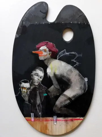 ERCAN AYÇİÇEK — “İsimsiz”, 2020 "İsimsiz" eseri ERCAN AYÇİÇEK tarafından 2020 yılında 52x33 cm ölçülerinde Ahşap palet üzeri akrilik boya tekniği ile yapılmıştır.