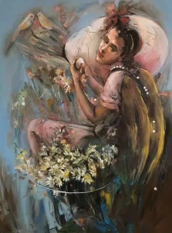 "Dünyaya İniş" eseri PERUZE HAMURCU tarafından 2019 yılında 80x60 cm ölçülerinde Tuval üzeri yağlı boya tekniği ile yapılmıştır.
