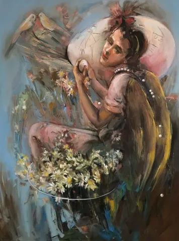 "Dünyaya İniş" eseri PERUZE HAMURCU tarafından 2019 yılında 80x60 cm ölçülerinde Tuval üzeri yağlı boya tekniği ile yapılmıştır.