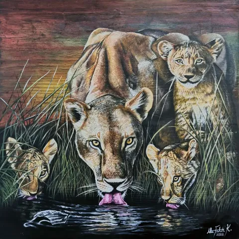 "Aile Serisi" eseri ALİ FATİH KÜÇÜKOSMANOĞLU tarafından 2020 yılında 40x40 cm ölçülerinde Ahşap üzeri yağlı boya + epoksi tekniği ile yapılmıştır.