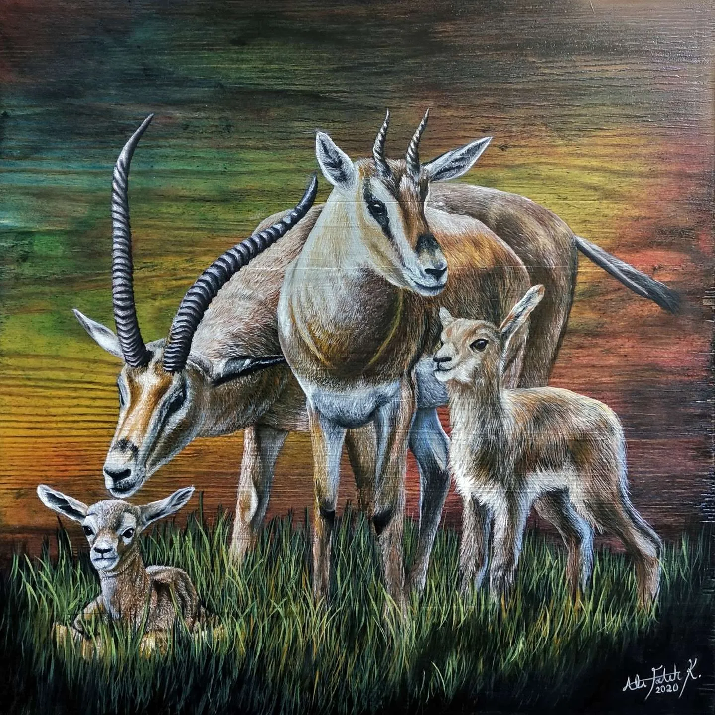 "Aile Serisi" eseri ALİ FATİH KÜÇÜKOSMANOĞLU tarafından 2020 yılında 40x40 cm ölçülerinde Ahşap üzeri yağlı boya + epoksi tekniği ile yapılmıştır.