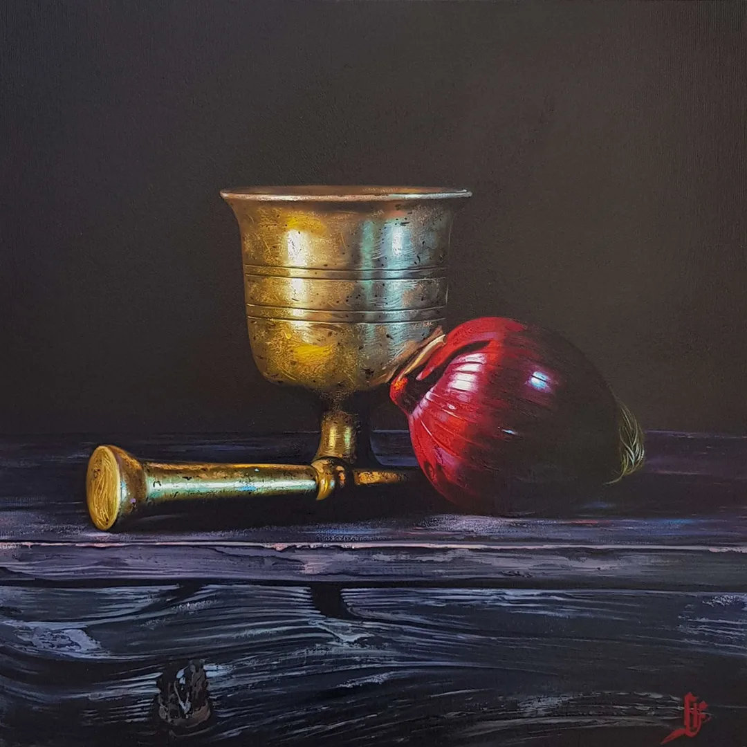 "Havanlı ve Soğanlı Natürmort" eseri HÜSEYİN FEYZULLAH tarafından 2020 yılında 40x40 cm ölçülerinde Tuval üzeri yağlı boya tekniği ile yapılmıştır.