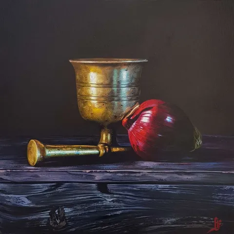 "Havanlı ve Soğanlı Natürmort" eseri HÜSEYİN FEYZULLAH tarafından 2020 yılında 40x40 cm ölçülerinde Tuval üzeri yağlı boya tekniği ile yapılmıştır.