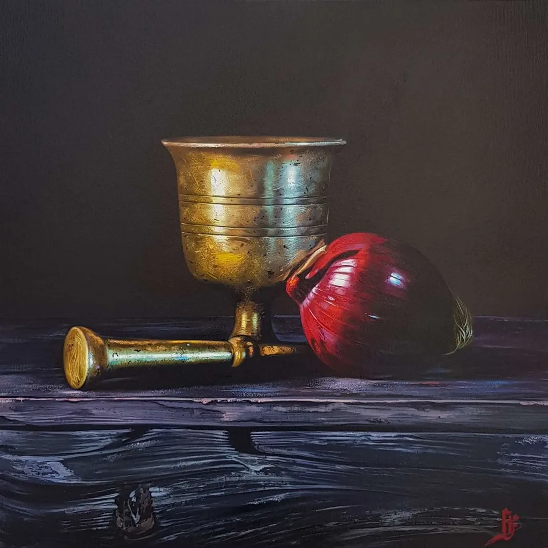 yakınlaştır "Havanlı ve Soğanlı Natürmort" eseri HÜSEYİN FEYZULLAH tarafından 2020 yılında 40x40 cm ölçülerinde Tuval üzeri yağlı boya tekniği ile yapılmıştır.