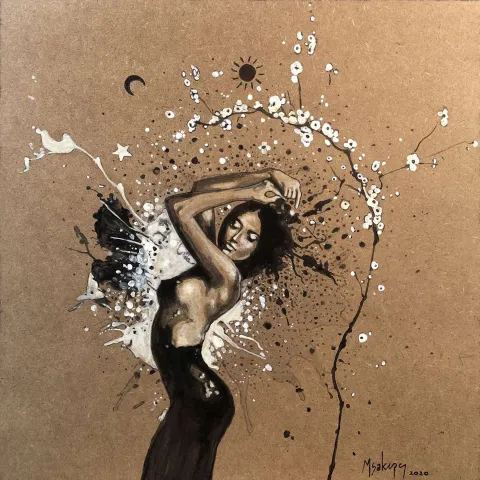 "Çiçeğin Hüznü - Dans" eseri MEHMET SAKIZCI tarafından 2020 yılında 40x40 cm ölçülerinde Duralit üzeri akrilik boya tekniği ile yapılmıştır.