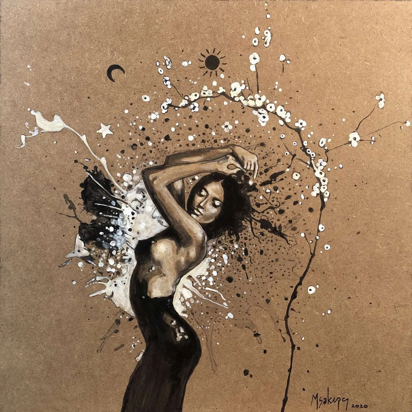 "Çiçeğin Hüznü - Dans" eseri MEHMET SAKIZCI tarafından 2020 yılında 40x40 cm ölçülerinde Duralit üzeri akrilik boya tekniği ile yapılmıştır.