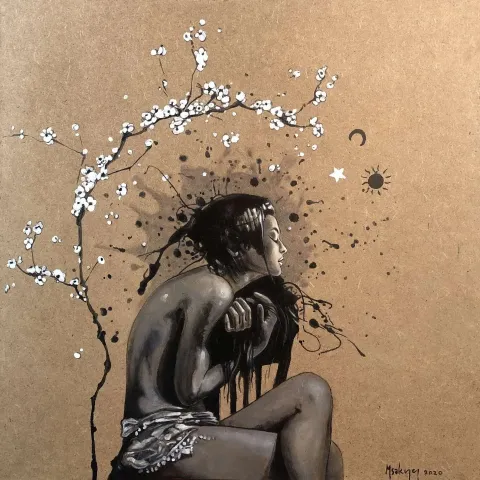 "Çiçeğin Hüznü - Hüzün" eseri MEHMET SAKIZCI tarafından 2020 yılında 40x40 cm ölçülerinde Duralit üzeri akrilik boya tekniği ile yapılmıştır.