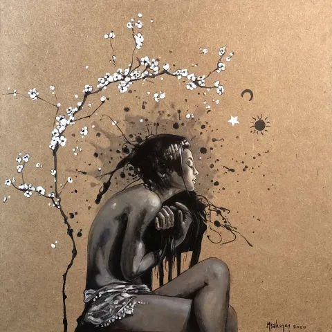 "Çiçeğin Hüznü - Hüzün" eseri MEHMET SAKIZCI tarafından 2020 yılında 40x40 cm ölçülerinde Duralit üzeri akrilik boya tekniği ile yapılmıştır.