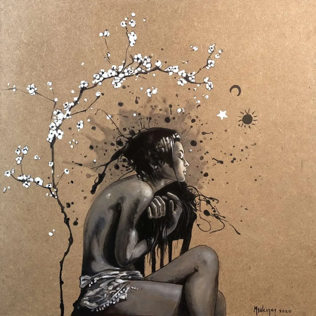 "Çiçeğin Hüznü - Hüzün" eseri MEHMET SAKIZCI tarafından 2020 yılında 40x40 cm ölçülerinde Duralit üzeri akrilik boya tekniği ile yapılmıştır.
