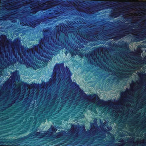 "Deli Mavi" eseri AHMET YEŞİL tarafından 2020 yılında 40x40 cm ölçülerinde Tuval üzeri yağlı boya tekniği ile yapılmıştır.