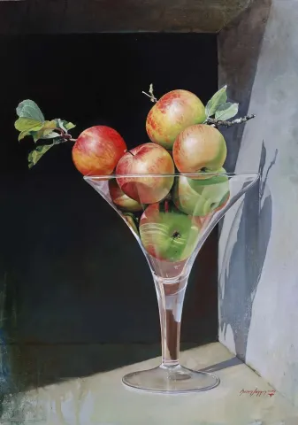 "Elmalar" eseri HASAN SAYGIN tarafından 73x54 cm ölçülerinde Tuval üzeri yağlı boya tekniği ile yapılmıştır.