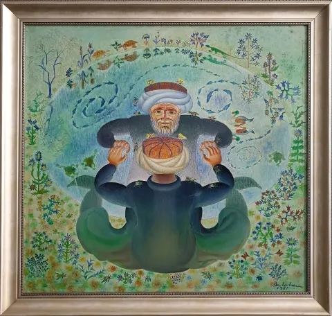 İBRAHİM BALABAN — “Nasreddin Hoca”, 1981 "Nasreddin Hoca" eseri İBRAHİM BALABAN tarafından 1981 yılında 105x100 cm ölçülerinde Tuval üzeri yağlı boya tekniği ile yapılmıştır.