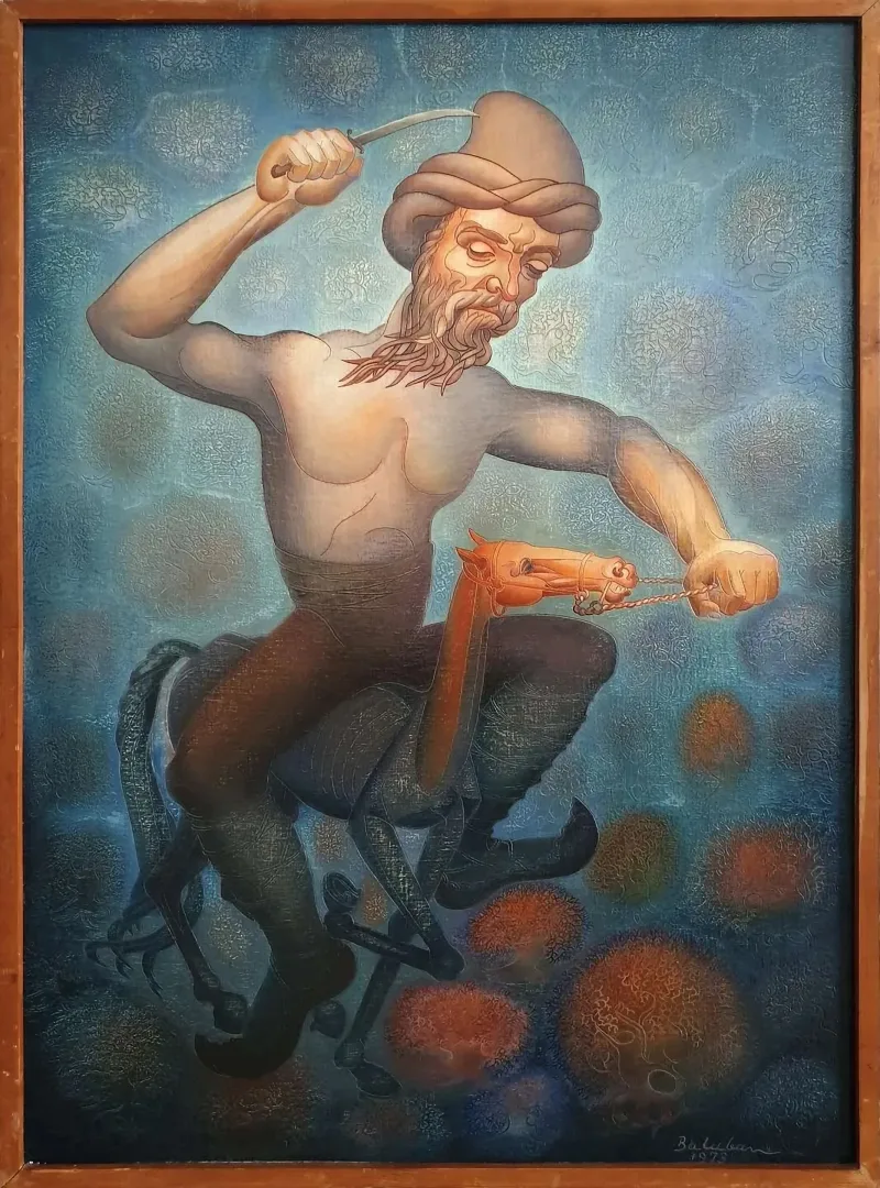 "Köroğlu" eseri İBRAHİM BALABAN tarafından 1973 yılında 110x78 cm ölçülerinde Suntaya pres tuval üzeri yağlı  boya tekniği ile yapılmıştır.