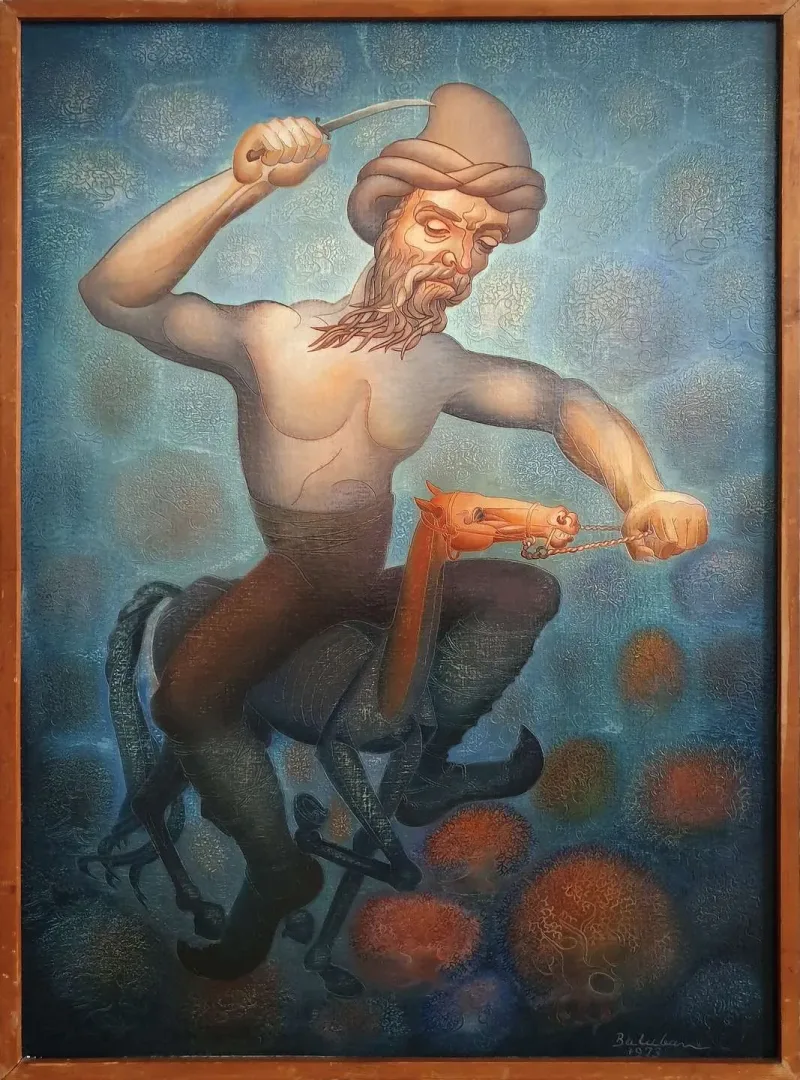 yakınlaştır "Köroğlu" eseri İBRAHİM BALABAN tarafından 1973 yılında 110x78 cm ölçülerinde Suntaya pres tuval üzeri yağlı boya tekniği ile yapılmıştır.