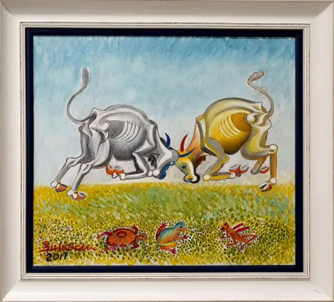 "Tokuşan Öküzler" eseri İBRAHİM BALABAN tarafından 2017 yılında 50x60 cm ölçülerinde Tuval üzeri yağlı boya tekniği ile yapılmıştır.