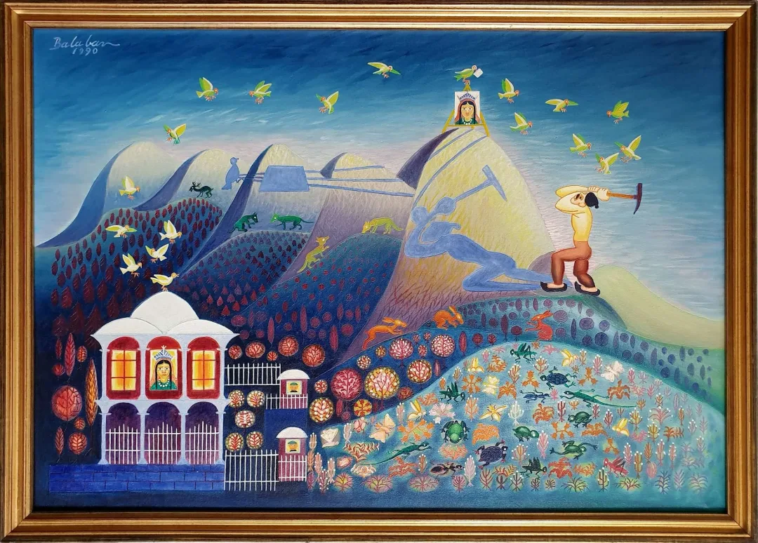 yakınlaştır "Ferhat ile Şirin" eseri İBRAHİM BALABAN tarafından 1990 yılında 70x100 cm ölçülerinde Tuval üzeri yağlı boya tekniği ile yapılmıştır.