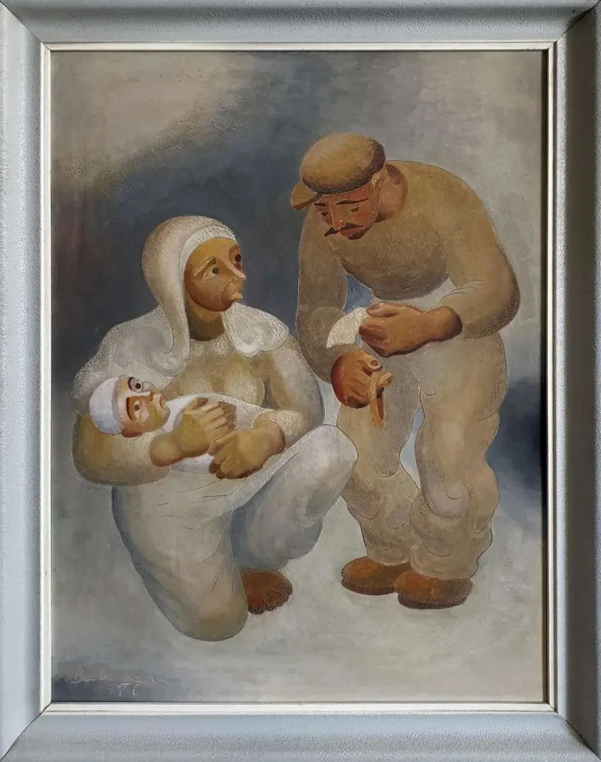 yakınlaştır "Analı Babalı" eseri İBRAHİM BALABAN tarafından 1970 yılında 43x58 cm ölçülerinde Duralite marufle kartona yağlı boya tekniği ile yapılmıştır.