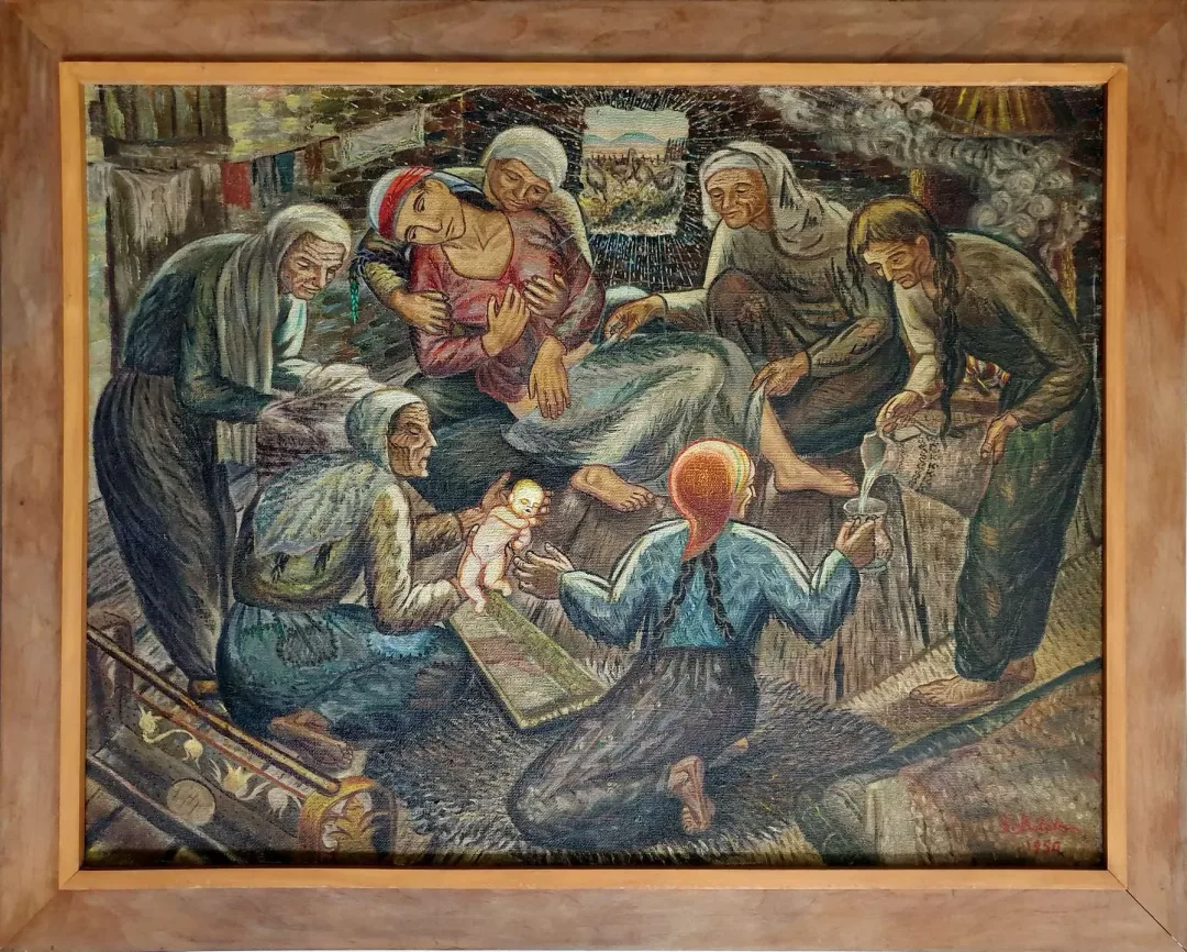 yakınlaştır "Doğum" eseri İBRAHİM BALABAN tarafından 1950 yılında 95x125 cm ölçülerinde Tuval üzeri yağlı boya tekniği ile yapılmıştır.