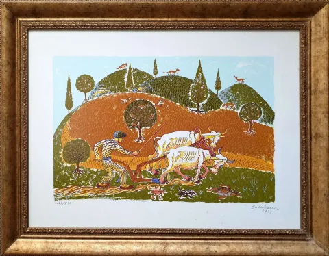 "Çift Süren" eseri İBRAHİM BALABAN tarafından 1993 yılında 50x70 cm ölçülerinde 129/250 Serigrafi tekniği ile yapılmıştır.