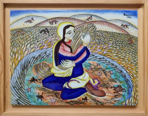 "Bereket Ana" eseri İBRAHİM BALABAN tarafından 1992 yılında 27x37 cm ölçülerinde 6/15 İznik Çini tekniği ile yapılmıştır.