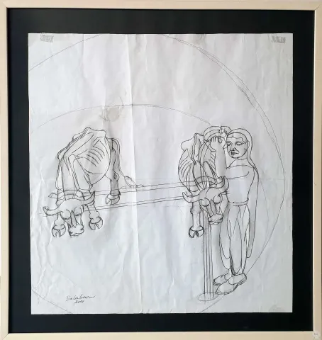 "Harman" eseri İBRAHİM BALABAN tarafından 2010 yılında 64x60 cm ölçülerinde Kağıt üzeri karakalem tekniği ile yapılmıştır.
