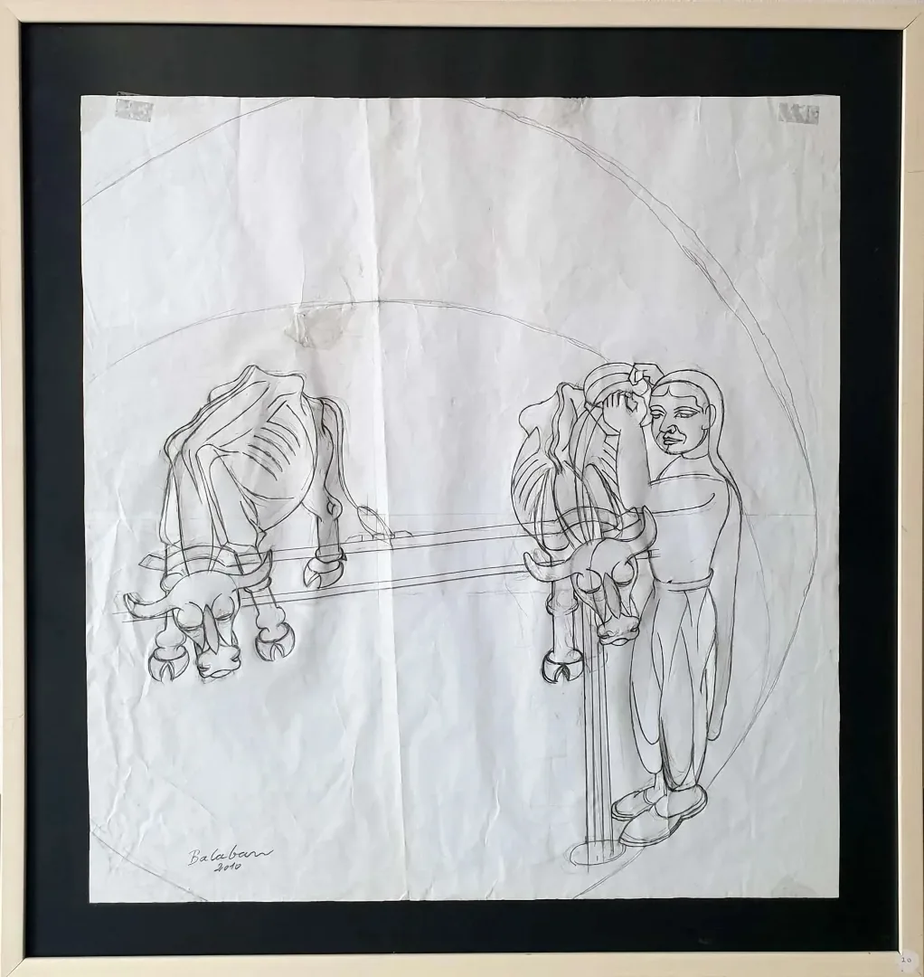 "Harman" eseri İBRAHİM BALABAN tarafından 2010 yılında 64x60 cm ölçülerinde Kağıt üzeri karakalem tekniği ile yapılmıştır.